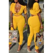 Lovely Casual Zipper Design Yellow Two-piece Pants