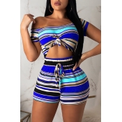 Lovely Casual O Neck Striped BlueTwo-piece Shorts 