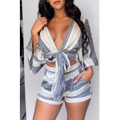 Lovely Casual V Neck Lace-up Grey Two-piece Shorts