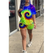 Lovely Casual O Neck Printed Blue Two-piece Shorts