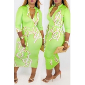 Lovely Stylish V Neck Printed Hollow-out Green Ank