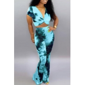 Lovely Casual V Neck Tie-dye Blue Two-piece Pants 