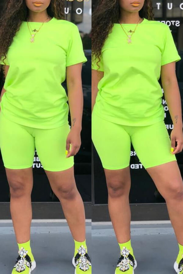 

Lovely Casual O Neck Green Two-piece Shorts Set