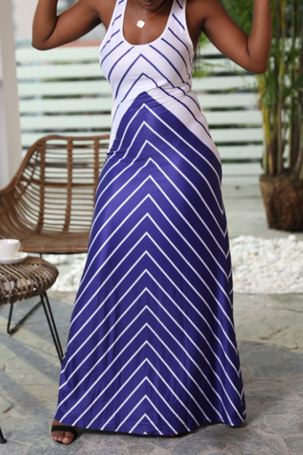 

Lovely Casual U Neck Striped Blue Floor Length Dress