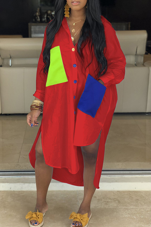 Lovely Casual Turndown Collar Patchwork Asymmetrical Red Dress