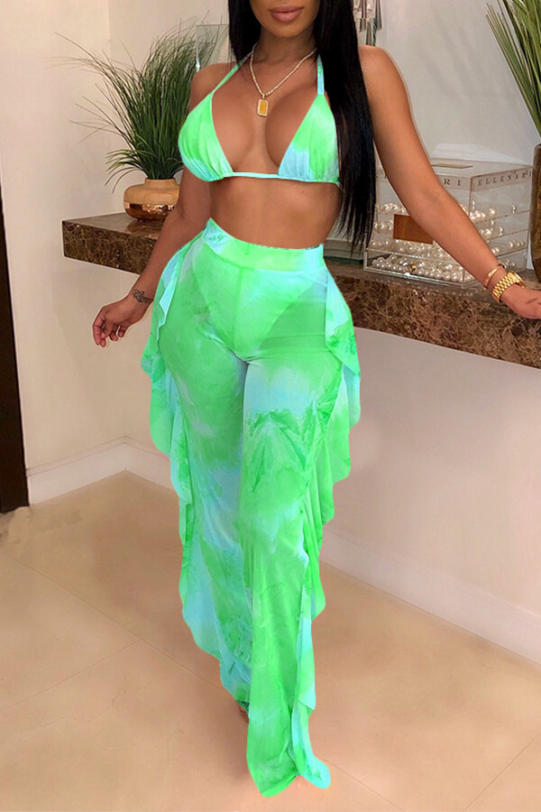 

LW Tie-dye Flounce Design Bikini Set, Green