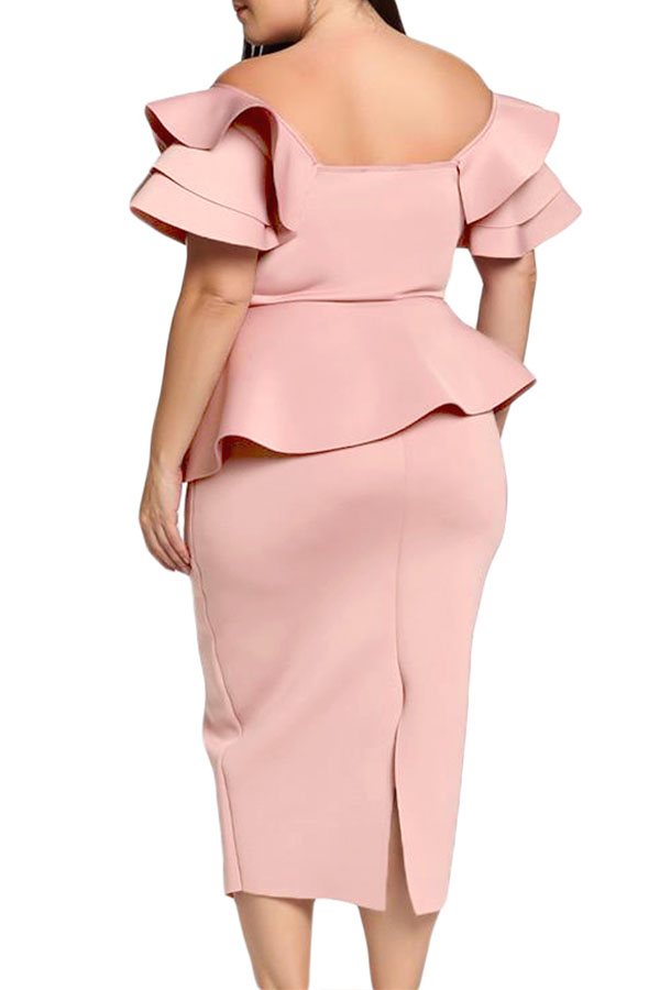 Lovely Sweet Off The Shoulder Ruffle Design Pink Knee Length Plus Size ...