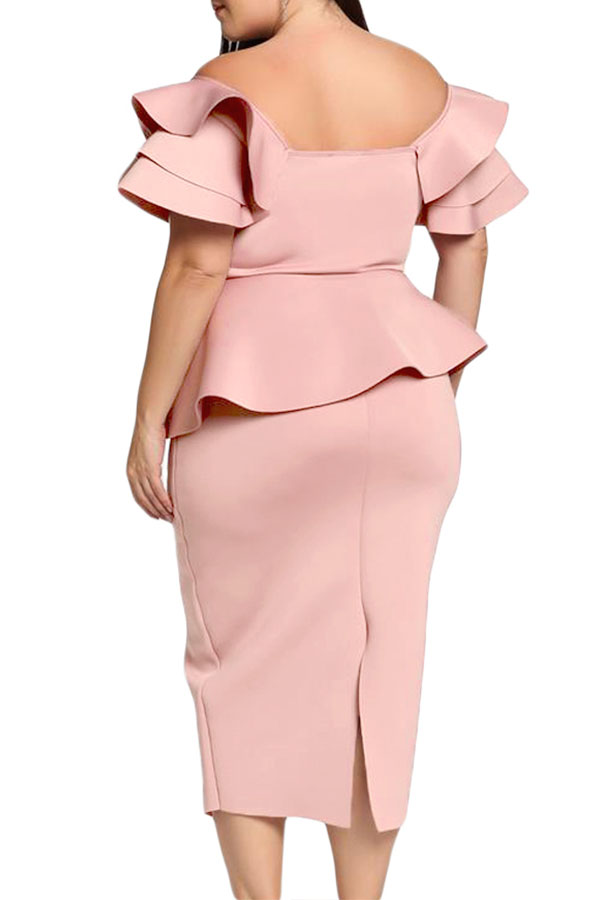 Lovely Sweet Off The Shoulder Ruffle Design Pink Knee Length Plus Size