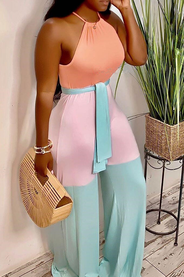 

Lovely Casual Halter Neck Patchwork Baby Blue One-piece Jumpsuit