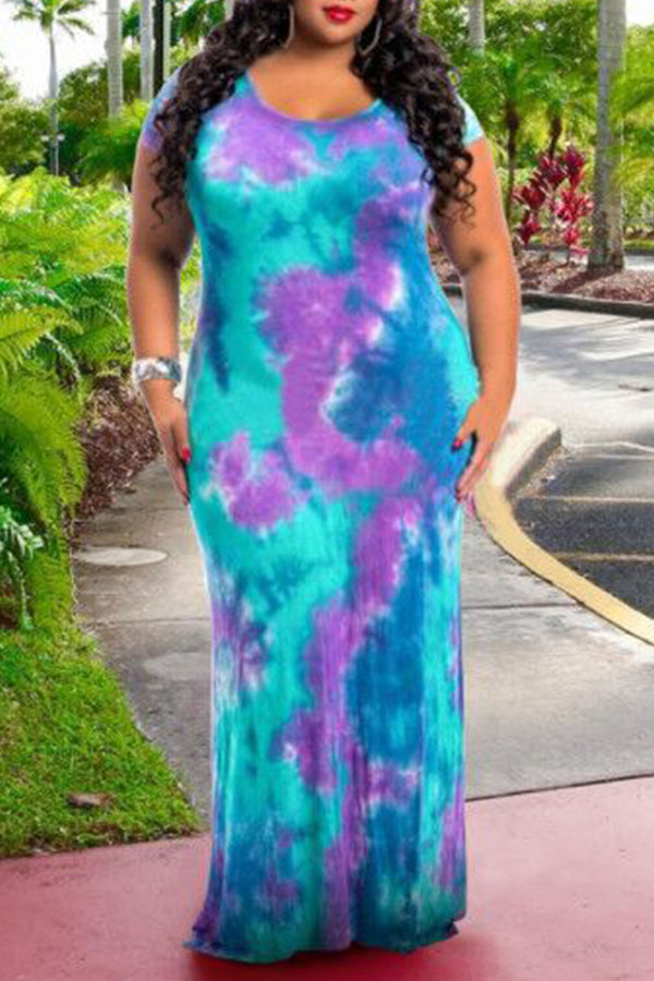 

Lovely Bohemian O Neck Tie-dye Printed Purple Floor Length Plus Size Dress