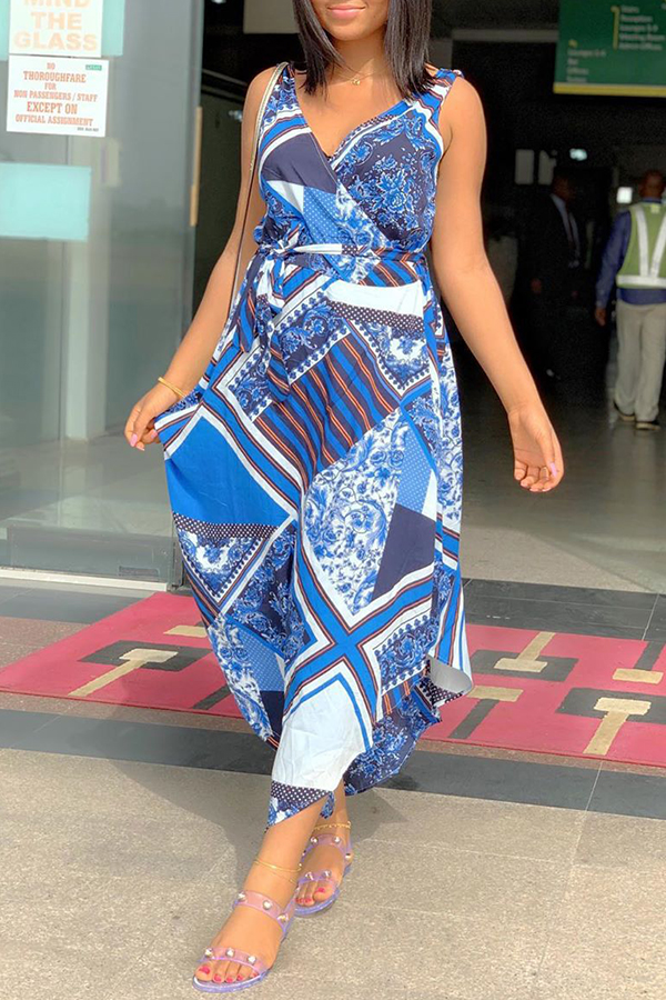 

Lovely Casual V Neck Printed Dark Blue Ankle Length A Line Dress
