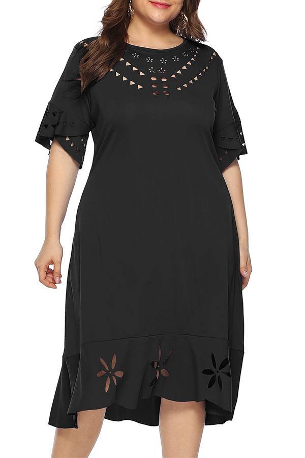 

Lovely Stylish O Neck Hollow-out Black Knee Length A Line Dress