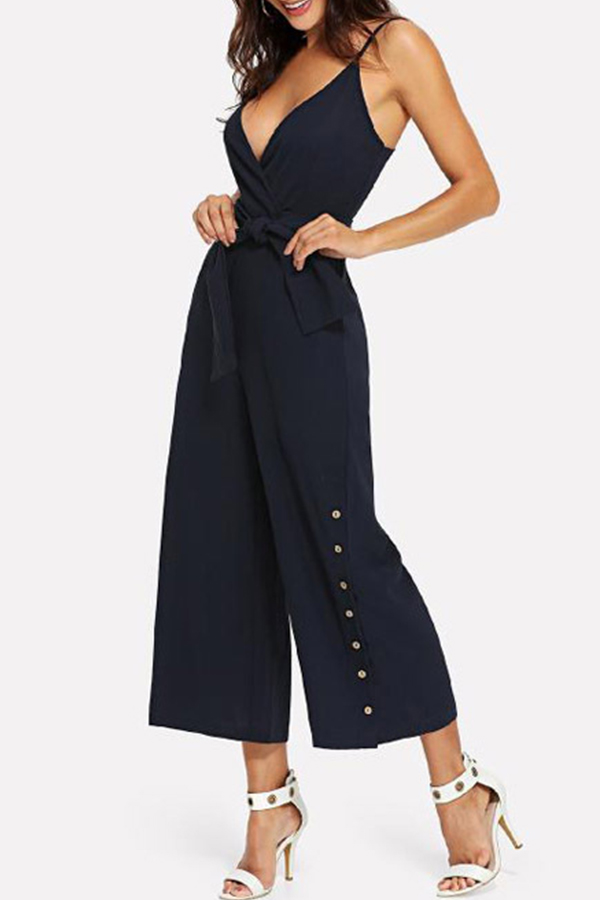 

Lovely Stylish V Neck Spaghetti Straps Navy One-piece Jumpsuit, Navy blue