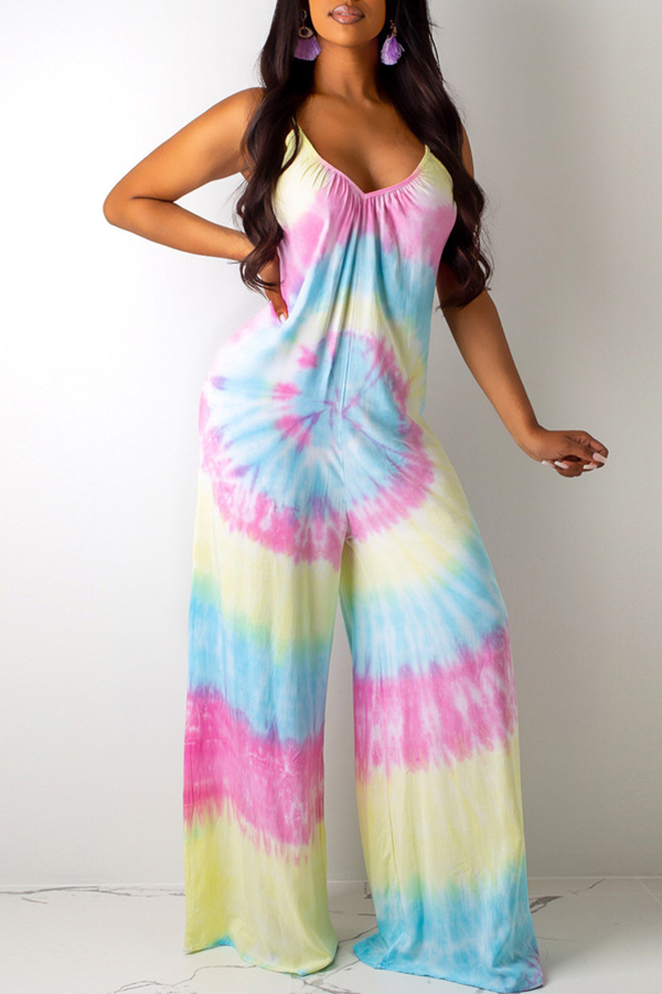 

Lovely Sexy V Neck Printed Backless Pink One-piece Jumpsuit