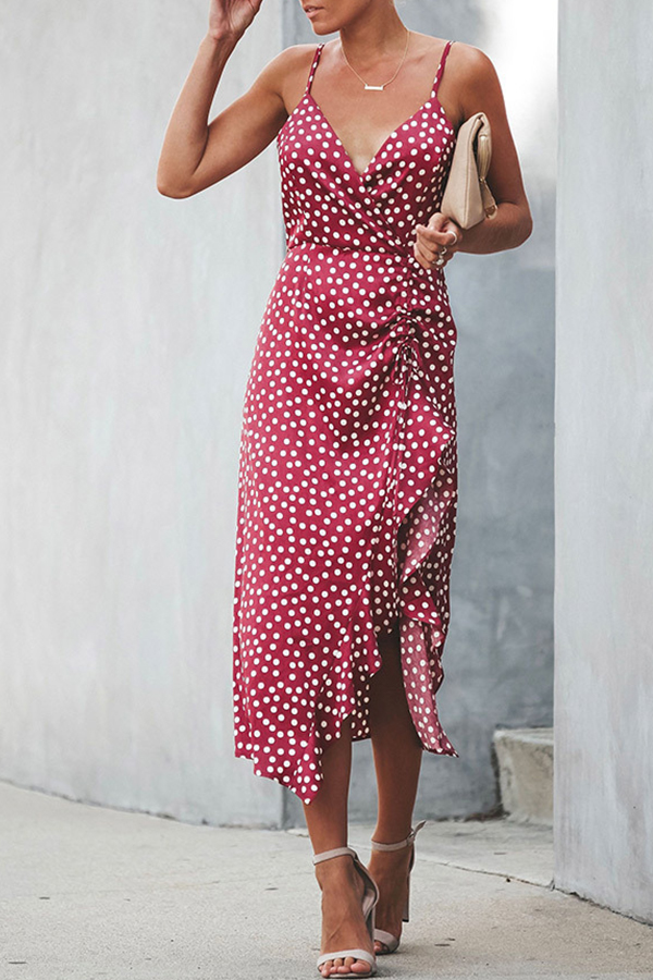 

Lovely Bohemian V Neck Dot Printed Wine Red Mid Calf Dress