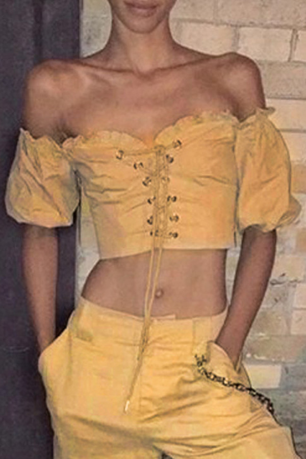

Lovely Casual Off The Shoulder Lace-up Khaki Blouse