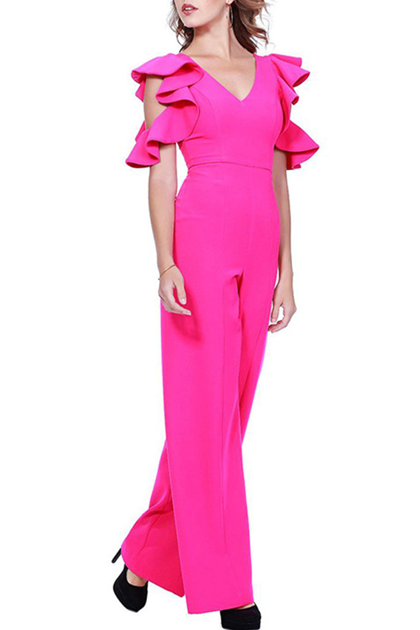 

Lovely Stylish V Neck Hollow-out Rose Red One-piece Jumpsuit