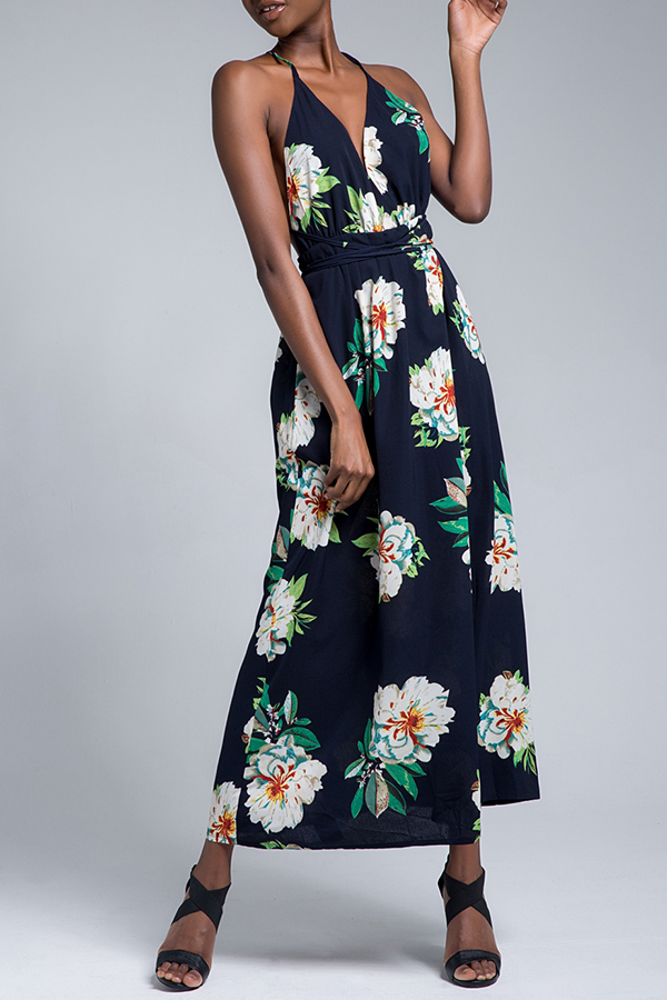 

Lovely Sexy V Neck Spaghetti Straps Printed Side Split Emerald-green Ankle Length Dress, Onion green