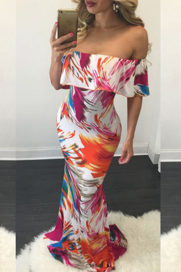 Lovely Casual Off The Shoulder Printed Multicolor Floor Length Dress