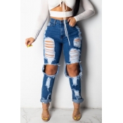 Lovely Stylish Broken Holes Deep Blue Jeans