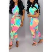 Lovely Casual Tie-dye Printed Two-piece Pants Set