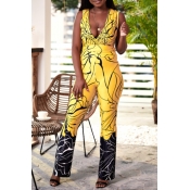 Lovely Casual V Neck Printed Yellow One-piece Jump