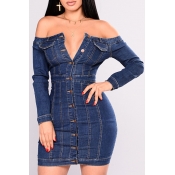 Lovely Casual Off The Shoulder Buttons Design Blue
