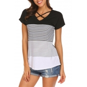 Lovely Casual V Neck Striped Hollow-out Black T-sh