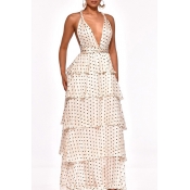 Lovely Sexy Halter V Neck Dot Printed White Ankle 