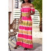 Lovely Bohemian Off The Shoulder Printed Pink Floo