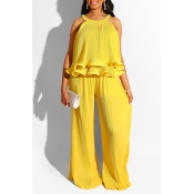 Lovely Sweet O Neck Ruffle Design Yellow Two-piece