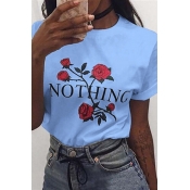 Lovely Casual O Neck Rose Printed Blue T-shirt