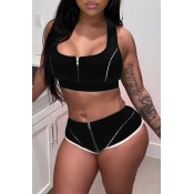 Lovely Casual Zipper Design Black Two-piece Shorts