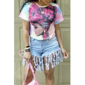 Lovely Casual O Neck Printed Light Pink T-shirt