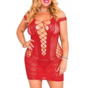 Lovely Sexy V Neck Hollow-out Red Mini Plus Size D