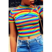 Lovely Casual O Neck Striped Multicolor T-shirt