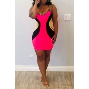 Lovely Casual U Neck Patchwork Rose Red Mini Dress