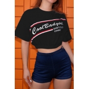 Lovely Casual O Neck Letter Printed Black T-shirt