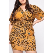Lovely Casual V Neck Leopard Printed Yellow Mini P
