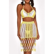 Lovely Sexy Halter V Neck Hollow-out Yellow Two-pi