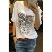 Lovely Casual O Neck Sequins Decoration White T-sh
