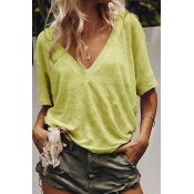 Lovely Casual V Neck Yellow T-shirt