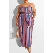 Lovely Casual Spaghetti Straps Striped Rose Red Fl