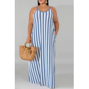 Lovely Casual Spaghetti Straps Striped Blue Floor 