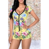 Lovely Casual Floral Printed Yellow One-piece Romp