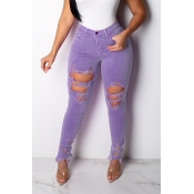 Lovely Casual High Waist Broken Holes Purple Jeans
