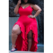 Lovely Sexy V Neck Asymmetrical Red Plus Size One-