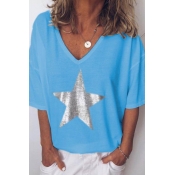 Lovely Casual V Neck Pentagram Printed Blue T-shir