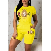 Lovely Casual O Neck Printed Yellow Two-piece Shor
