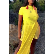 Lovely Casual O Neck Side Split Yellow Two-piece S